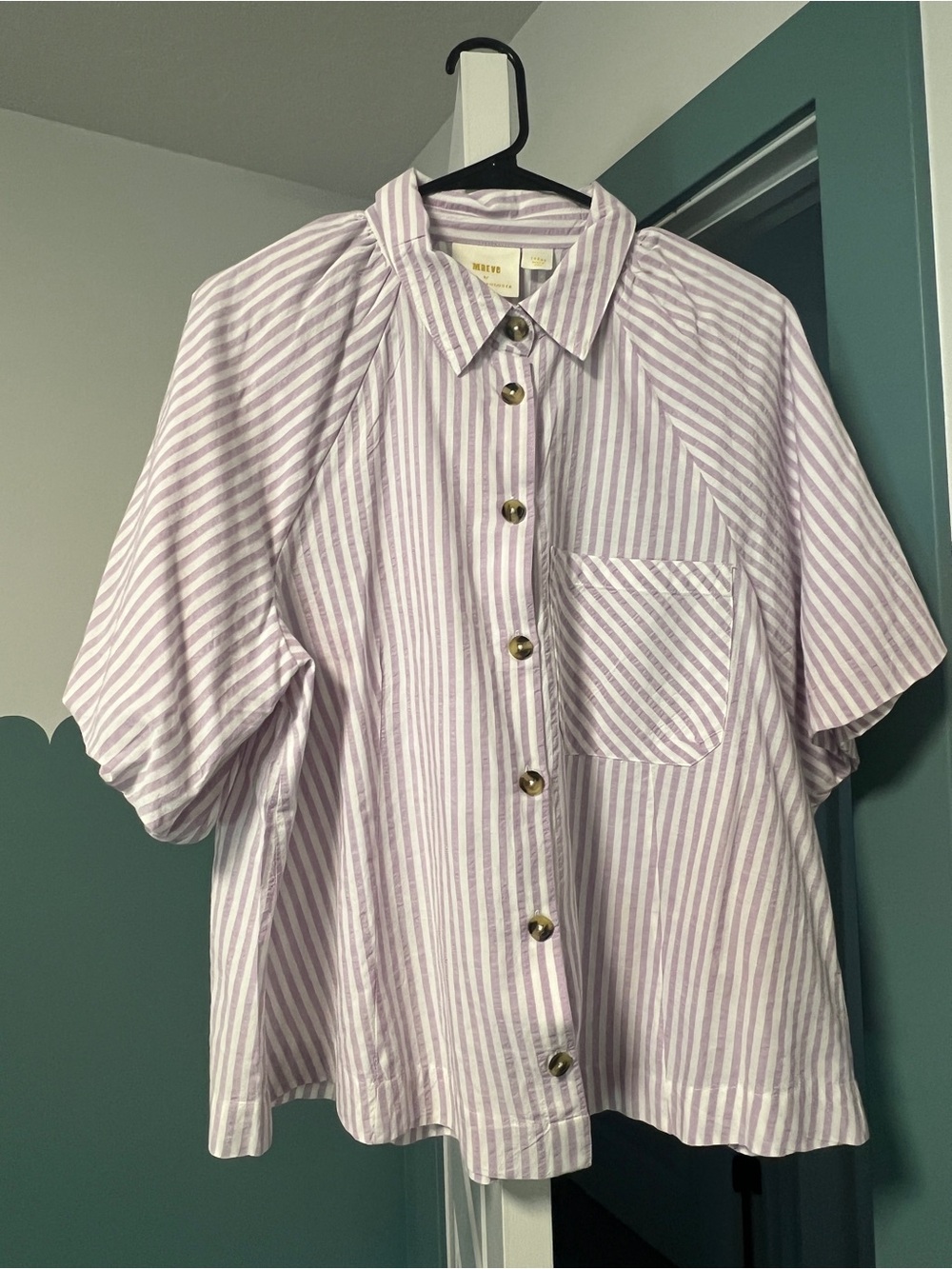 Anthropologie Lavender and White Striped Button-Up Blouse